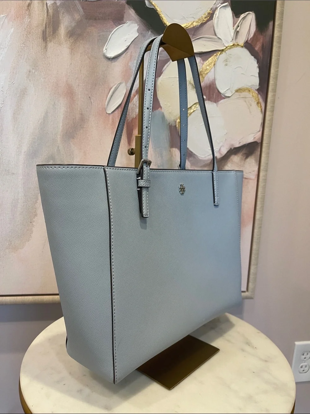 Tory Burch Pale Blue Emerson Saffiano Leather Tote